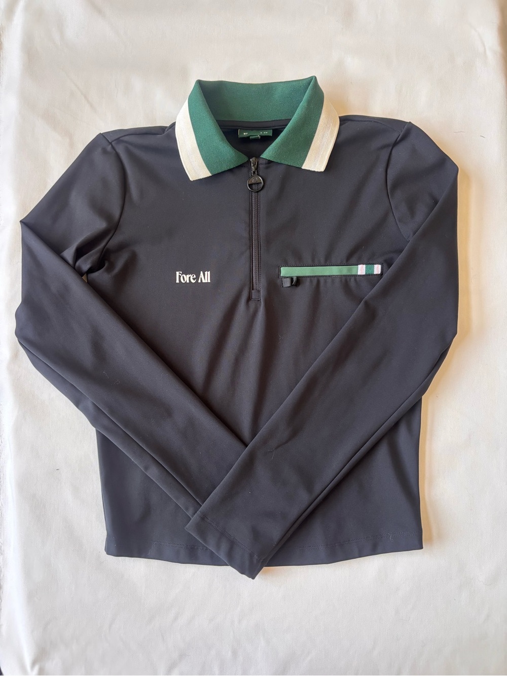 Fore All Black Long Sleeve Zip Polo with Green Collar